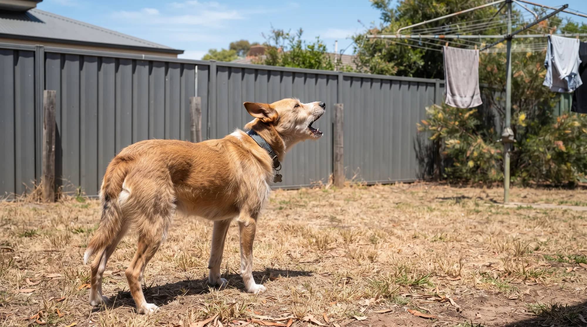 A tan dog standing in a dry backyard, barking at a grey Colorbond fence