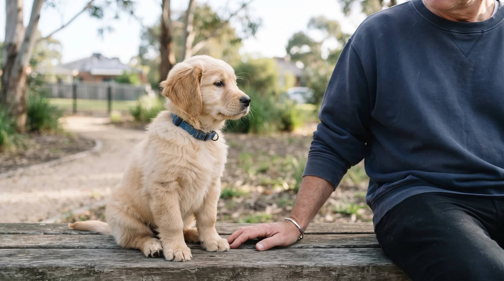 A golden retriever puppy sitting on a park bench beside a person, watching the path ahead