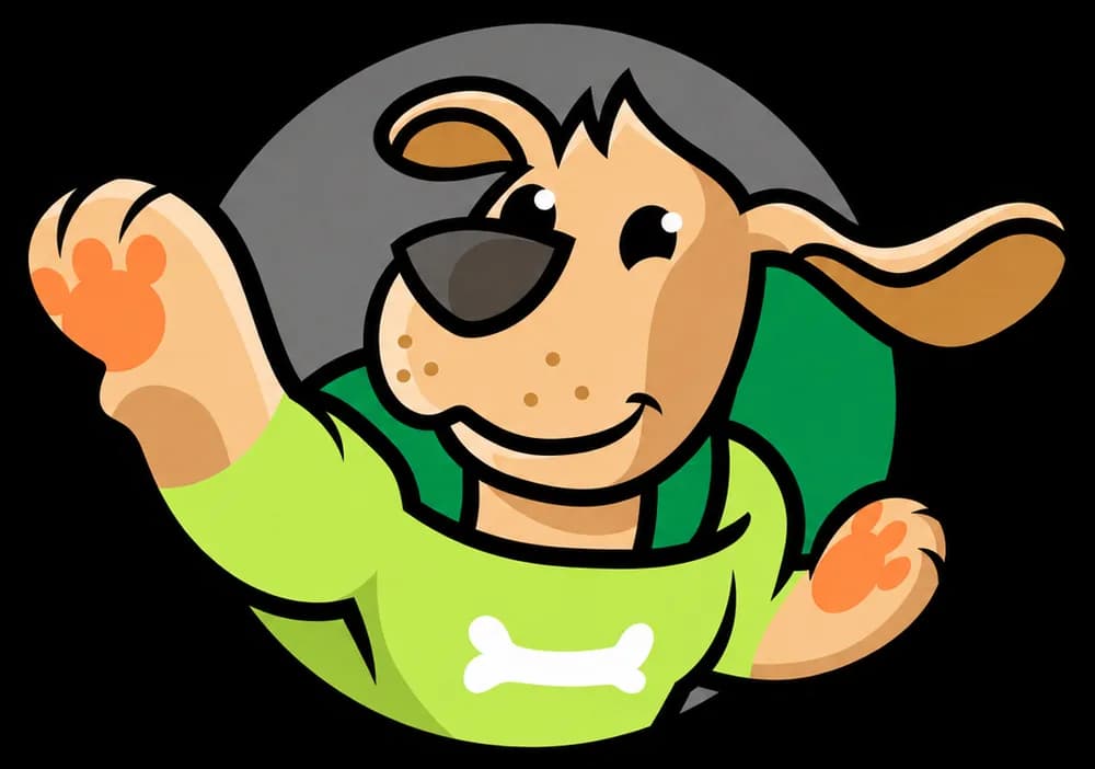 A cartoon dog in a lime-green shirt, one paw raised in a wave