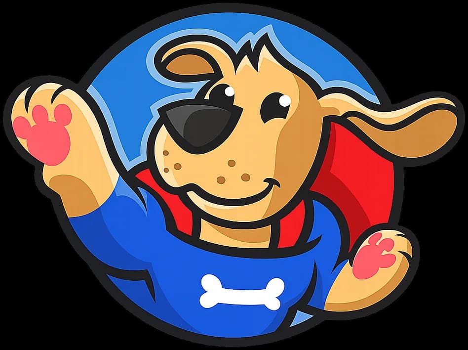 A cartoon dog in a blue superhero suit and red cape, one paw raised in a wave